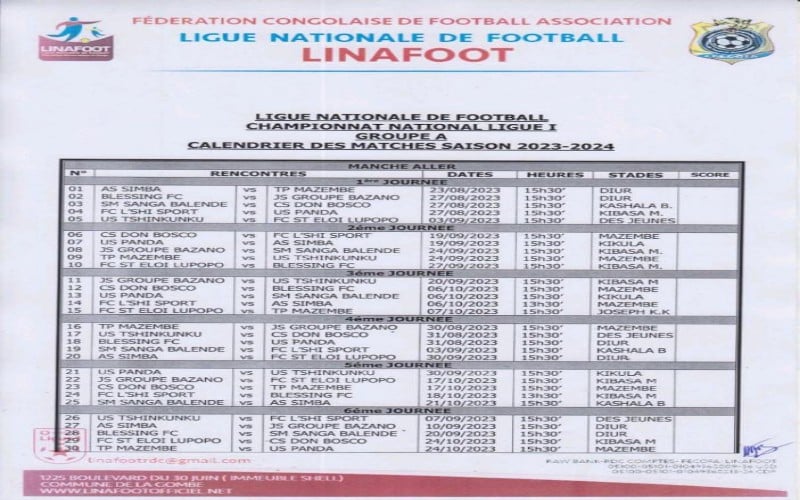 Foot : Voici Le Calendrier De La Linafoot 2023-2024 | Election-net 👉